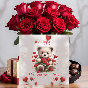 Süßer Teddybär mit Rosen und Herzen zum Valentinst Feiertagskarte