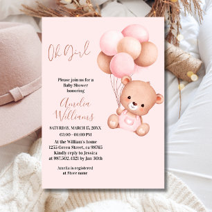 Süßer Teddybär Oh Mädchen Rosa Luftballon Babypart Einladung