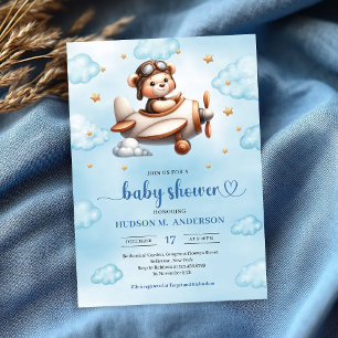 Süßer Teddybär-Pilot Blau Braun Baby Shower   Einladung