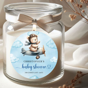 Süßer Teddybär-Pilot Blau Braun Junge Baby Shower Runder Aufkleber