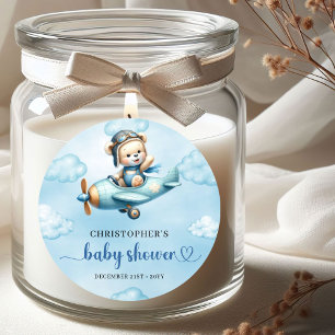 Süßer Teddybär-Pilot-Flugzeug Blau Braun Baby Runder Aufkleber