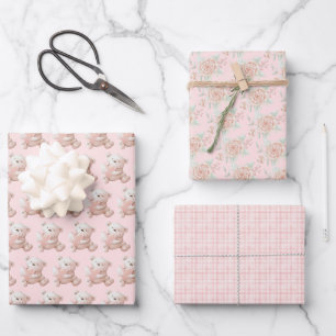 Süßer Teddybär Rosa Karo aufeinander abgestimmt Geschenkpapier Set