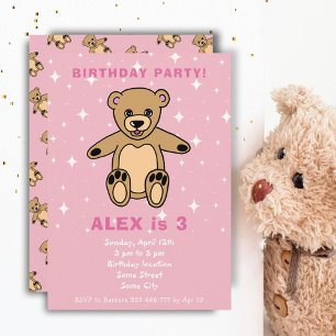 Süßer Teddybär Rosa Mädchen Geburtstag Einladung