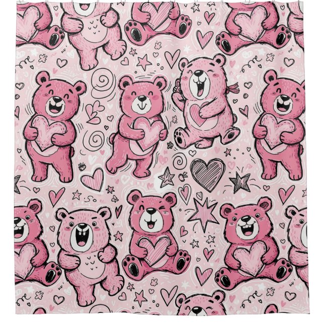 Süßer Teddybär Rosa Muster Duschvorhang (Vorderseite)