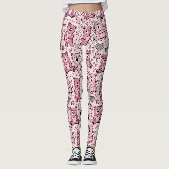 Süßer Teddybär Rosa Muster Leggings (Vorderseite)