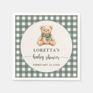 Süßer Teddybär Rustikales grün kariert Baby Shower Serviette