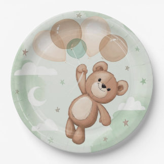 Süßer Teddybär schwebt mit Ballons zur Babyparty Pappteller