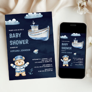 Süßer Teddybär Segelschiff Marine Babyparty Einladung