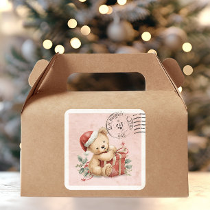 Süßer Teddybär-Weihnachtsgeschenk Vintage-Post Quadratischer Aufkleber