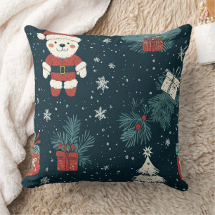 Süßer Teddybär & Weihnachtsmann auf dunklem Grün ( Kissen