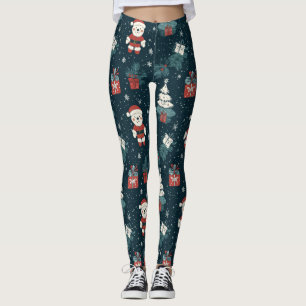 Süßer Teddybär & Weihnachtsmann auf dunklem Grün ( Leggings