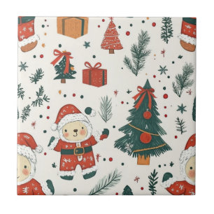 Süßer Teddybär & Weihnachtsmann auf Weiß (1) Fliese