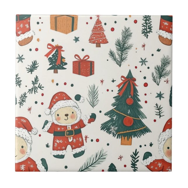 Süßer Teddybär & Weihnachtsmann auf Weiß (1) Fliese (Vorderseite)