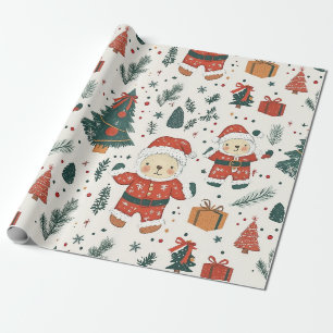 Süßer Teddybär & Weihnachtsmann auf Weiß (1) Geschenkpapier