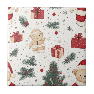 Süßer Teddybär & Weihnachtsmann auf Weiß (3) Fliese