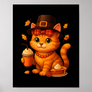 Süßer Thanksgiving-Katz-Herbst-Kürbiskuchen-Latte Poster