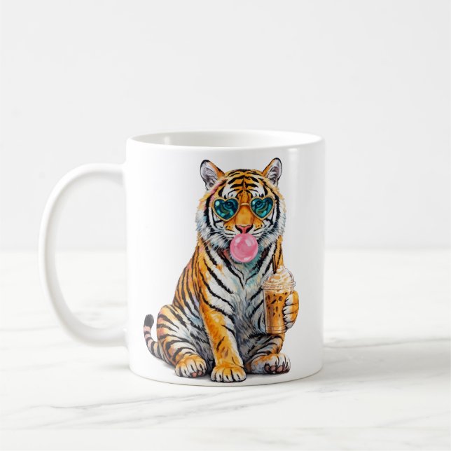 Süßer Tiger mit Eiskaffee und Herz-Sonnenbrille  Kaffeetasse (Links)