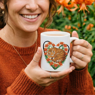 Süßer Tiger mit orangefarbener Lilien-Blumenherz Kaffeetasse