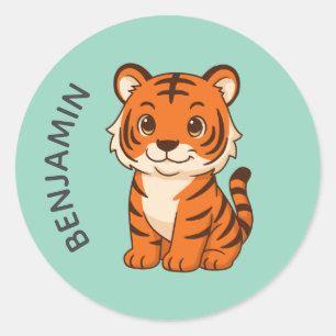 Süßer Tigerjunges mit individuellem Namen in Grün Runder Aufkleber