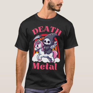 Süßer Todesmetall-Sensenmann auf Einhorn-Design T-Shirt
