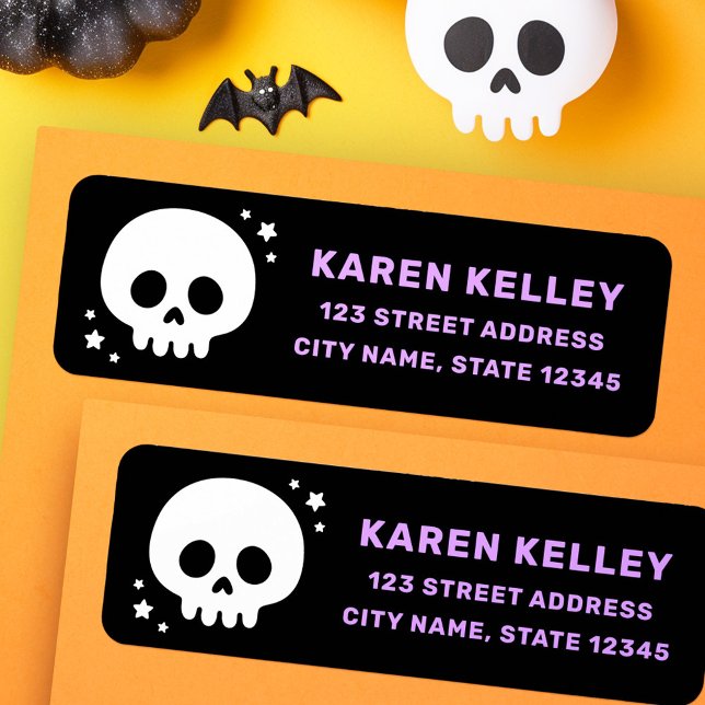 Süßer Totenkopf mit Sternen schwarze violette Rück (Cute skull with stars black purple return address label)
