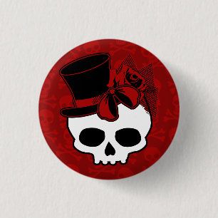 Süßer Totenkopf mit Zylinder und roter Schleife Button