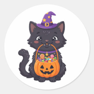 Süßer Trick-or-Treat-Schwarzer-Kater-Halloween-Süß Runder Aufkleber