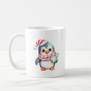 Süßer und glücklicher Pinguin mit Snack  Kaffeetasse