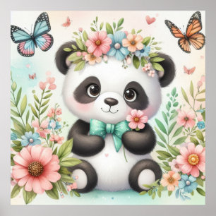Süßer und lustiger Panda-Bär unter Blumen Aquarell Poster