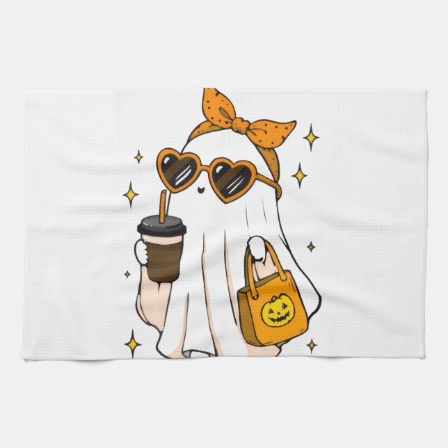 Süßer unheimlicher Saison-Geist mit Eiskaffee und  Geschirrtuch (Horizontal)