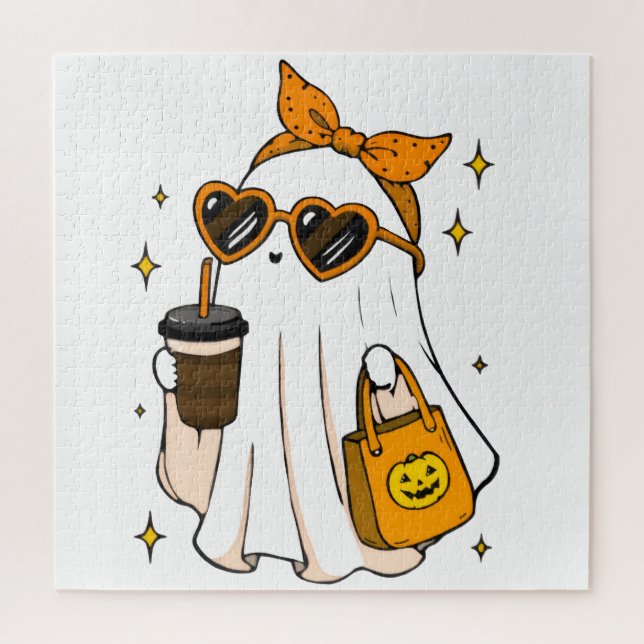 Süßer unheimlicher Saison-Geist mit Eiskaffee und  Puzzle (Vertikal)
