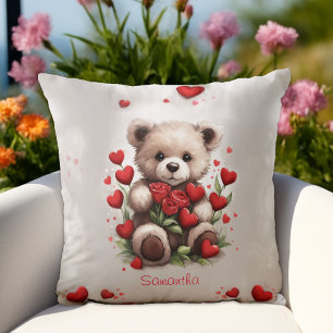 Süßer Valentinsbär mit roten Rosen und Herzen Kissen