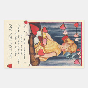 Süßer Valentinstag im Vintage-Stil, Mädchen mit ro Rechteckiger Aufkleber