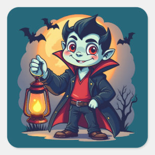 Süßer Vampir mit Laterne Kawaii Halloween Quadratischer Aufkleber