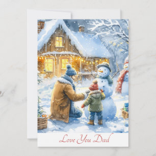 Süßer Vater und Sohn bauen Schneemann Aquarell Feiertagskarte