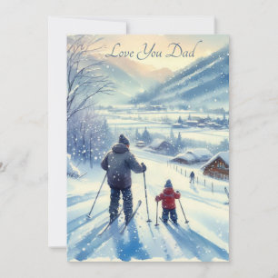 Süßer Vater und Sohn beim gemeinsamen Skifahren Aq Feiertagskarte