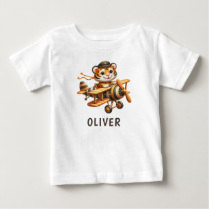 Süßer verspielter fliegender Tiger-Junge im Flugze Baby T-shirt