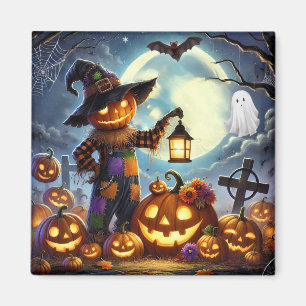 Süßer, verspielter Halloween-Vogelscheuche & Kürbi Magnet