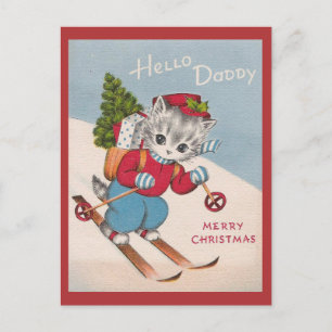 Süßer vintage frohe Weihnachten Papa Skifahren Kat Postkarte