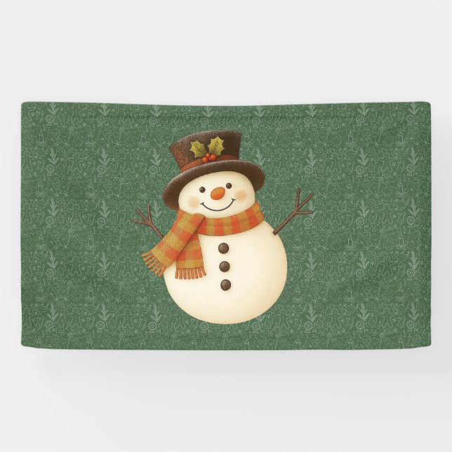Süßer, vintage-grüner rustikaler Schneemann Banner (Horizontal)