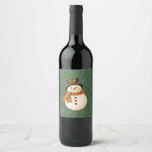 Süßer, vintage-grüner rustikaler Schneemann Weinetikett