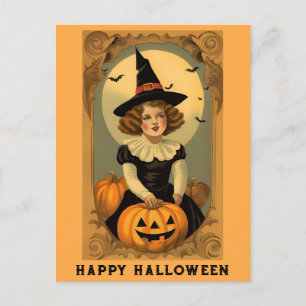 Süßer Vintage-Halloween-Hexenhut Mädchen Kürbis Postkarte