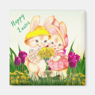 Süßer vintage Osterhase Kaninchen und Tulpenblumen Magnet