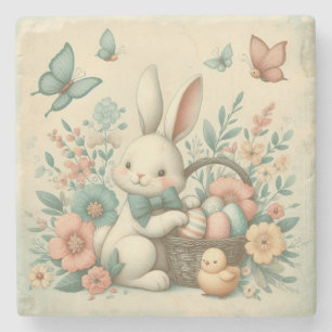 Süßer, vintage Osterhase & Küken Steinuntersetzer