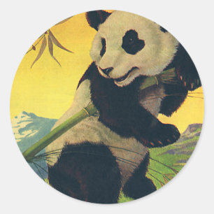 Süßer Vintage-Panda-Bär, der Bambus isst, Wildtier Runder Aufkleber
