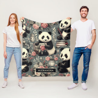 Süßer Vintage-Panda-Blumen- Fleecedecke