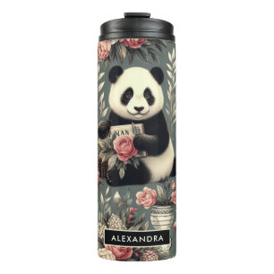 Süßer Vintage-Panda-Blumen- Thermosbecher