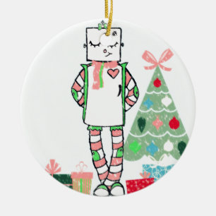 Süßer vintage Pastell-Feiertags-Roboter & Baum Keramikornament