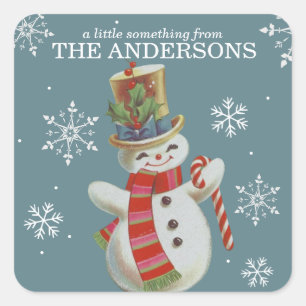 Süßer Vintage-Schneemann, individuelles Weihnachte Quadratischer Aufkleber