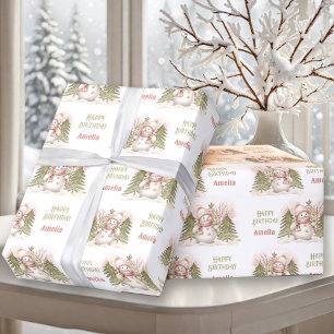 Süßer Vintage-Schneemann Winter Mädchen Name Text Geschenkpapier